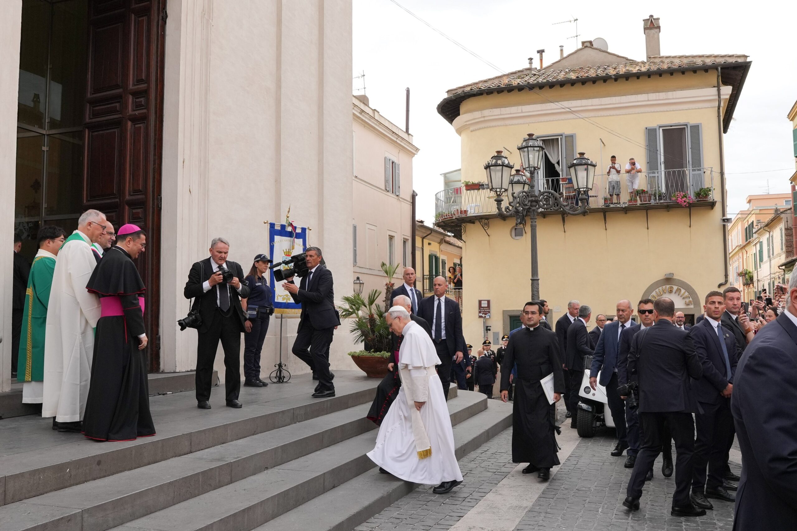 Pope Leo XIV arrives at the Church of St. Thomas of Villanova to celebrate Mass before delivering the Angelus in Castel Gandolfo, Italy, July 13, 2025. (CNS photo/Lola Gomez)
