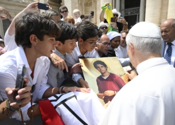 Pope Leo XIV greets visitors in St. Peter's Square after his general audience at the Vatican June 18, 2025. (CNS photo/Vatican Media)