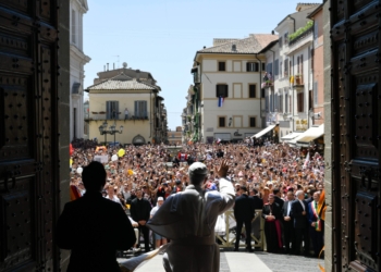 Pope Leo XIV greets visitors ahead of the Angelus prayer in Castel Gandolfo, Italy, July 20, 2025. (CNS photo/Vatican Media)