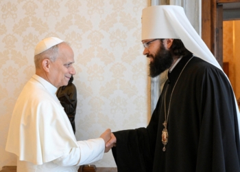 Pope Leo XIV  greets Russian Orthodox Metropolitan Anthony of Volokolamsk, head of external church relations for the Moscow Patriarchate, during a private meeting at the Vatican July 26, 2025. (OSV News photo/Simone Risoluti, Vatican Media via Reuters)