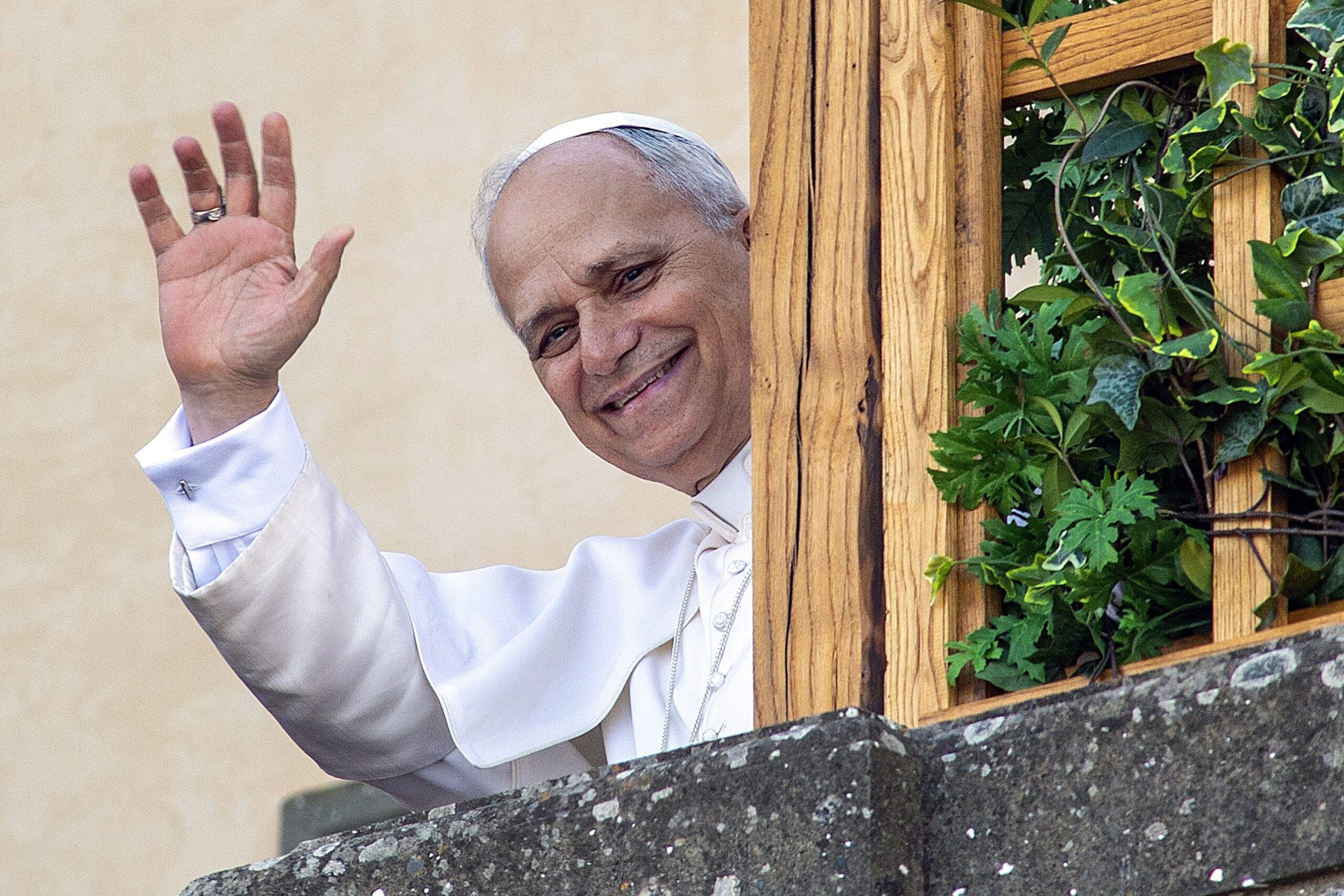 Pope Leo XIV waves after arriving in Castel Gandolfo, Italy, July 6, 2025. The pope will stay in Castel Gandolfo for his customary retreat through July 20. (OSV News photo/Alessia Giuliani, CPP)