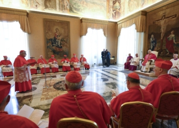 Cardinal Marcello Semeraro, prefect of the Dicastery for the Causes of Saints, addresses Pope Leo XIV in this file photo from June 13, 2025. Pope Leo approved several decrees advancing other sainthood causes June 20 at the Vatican. (CNS photo/Vatican Media)