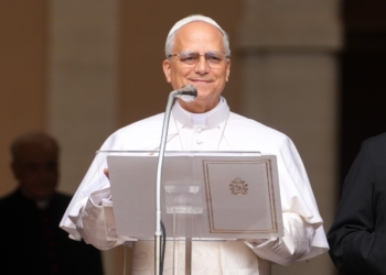 Pope Leo XIV smiles at the conclusion of his first Angelus prayer in Castel Gandolfo, Italy, July 13, 2025. (CNS photo/Lola Gomez)
