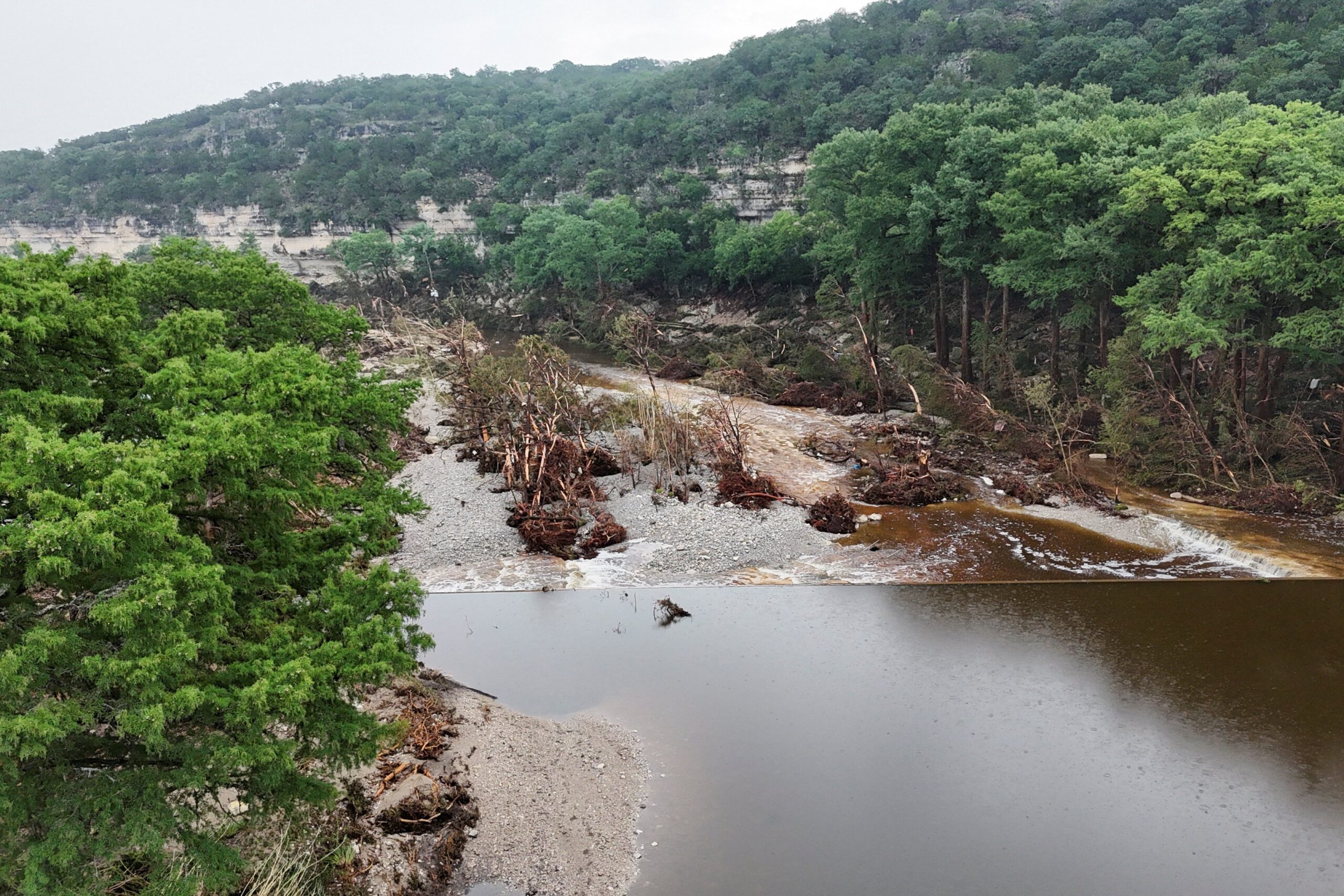 A drone view shows the Guadalupe River and damage from flooding near Camp Mystic in Hunt, Texas, July 6, 2025. (OSV News photo/Evan Garcia, Reuters)