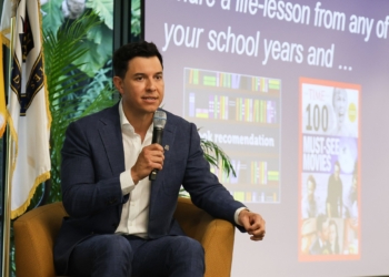 NBC Nightly News anchor & managing editor Tom Llamas speaks to students and faculty at his high school alma mater May 1, 2025, during a 'fireside chat' event at Belen Jesuit Preparatory School in Miami. He was joined by Cesar Conde, another Belen alumnus and who serves as chairman of NBCUniversal News Group overseeing NBC News, MSNBC and CNBC. (OSV News photo/courtesy Belem High School)