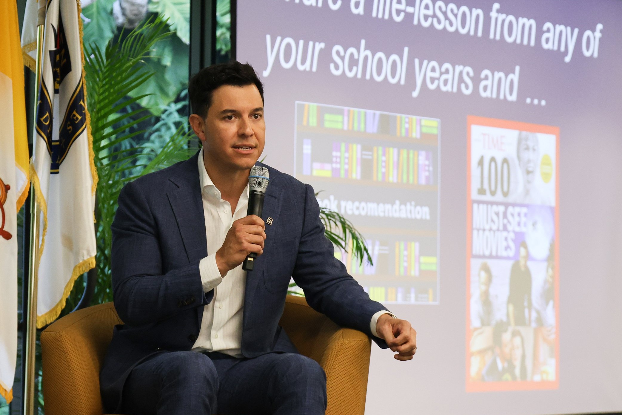 NBC Nightly News anchor & managing editor Tom Llamas speaks to students and faculty at his high school alma mater May 1, 2025, during a 'fireside chat' event at Belen Jesuit Preparatory School in Miami. He was joined by Cesar Conde, another Belen alumnus and who serves as chairman of NBCUniversal News Group overseeing NBC News, MSNBC and CNBC. (OSV News photo/courtesy Belem High School)