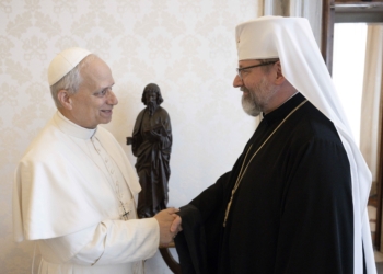 Pope Leo XIV greets Major Archbishop Sviatoslav Shevchuk of Kyiv-Halych, head of the Ukrainian Greek Catholic Church, in the library of the Apostolic Palace at the Vatican May 15, 2025. (CNS photo/Vatican Media)
