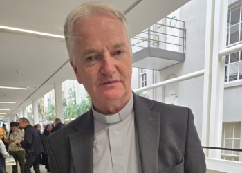 Bishop Paul Tighe poses while speaking to OSV News following his address, "Theology and Mission in an Age of Artificial Intelligence" to the Congress of the European Society for Catholic Theology at Trinity College Dublin Aug. 23, 2025. (OSV News photo/Sarah Mac Donald)