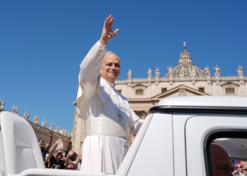 Pope Leo XIV greets people as he rides in the popemobile before celebrating Mass in St. Peter’s Square at the Vatican June 1, 2025, as part of the Jubilee of Families, Children, Grandparents and the Elderly. (CNS photo/Lola Gomez)