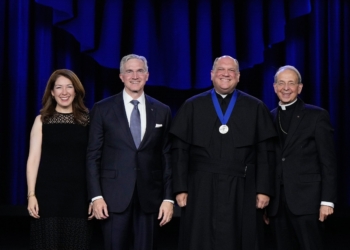 Pallottine Father Frank Donio, state chaplain of the District of Columbia, stands with Supreme Knight Patrick Kelly, his wife, Vanessa, and Supreme Chaplain Archbishop William Lori of Baltimore after receiving the Blessed Michael McGivney Medal during the annual Supreme Knight’s Awards Session in Washington Aug. 4, 2025. (OSV News photo/Paul Haring, Knights of Columbus)