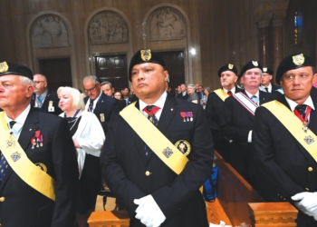 Members of the Knights of Columbus honor guard stand at attention during an Aug. 5, 2025, Mass at the Basilica of the National Shrine of the Immaculate Conception in Washington, to open that fraternal organizations’ 143rd Supreme Convention. (OSV News photo/Patrick Ryan, for the Catholic Standard)