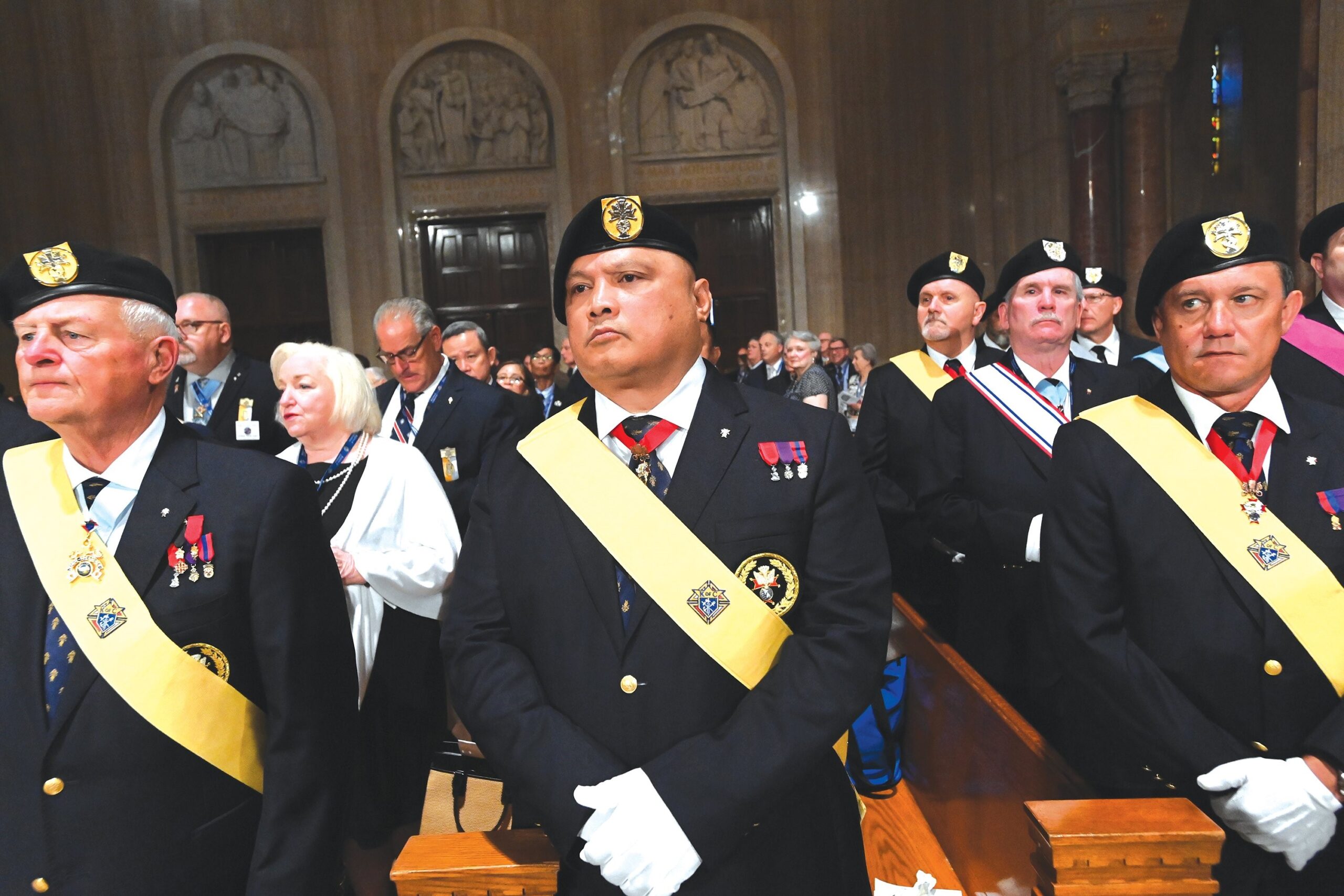 Members of the Knights of Columbus honor guard stand at attention during an Aug. 5, 2025, Mass at the Basilica of the National Shrine of the Immaculate Conception in Washington, to open that fraternal organizations’ 143rd Supreme Convention. (OSV News photo/Patrick Ryan, for the Catholic Standard)
