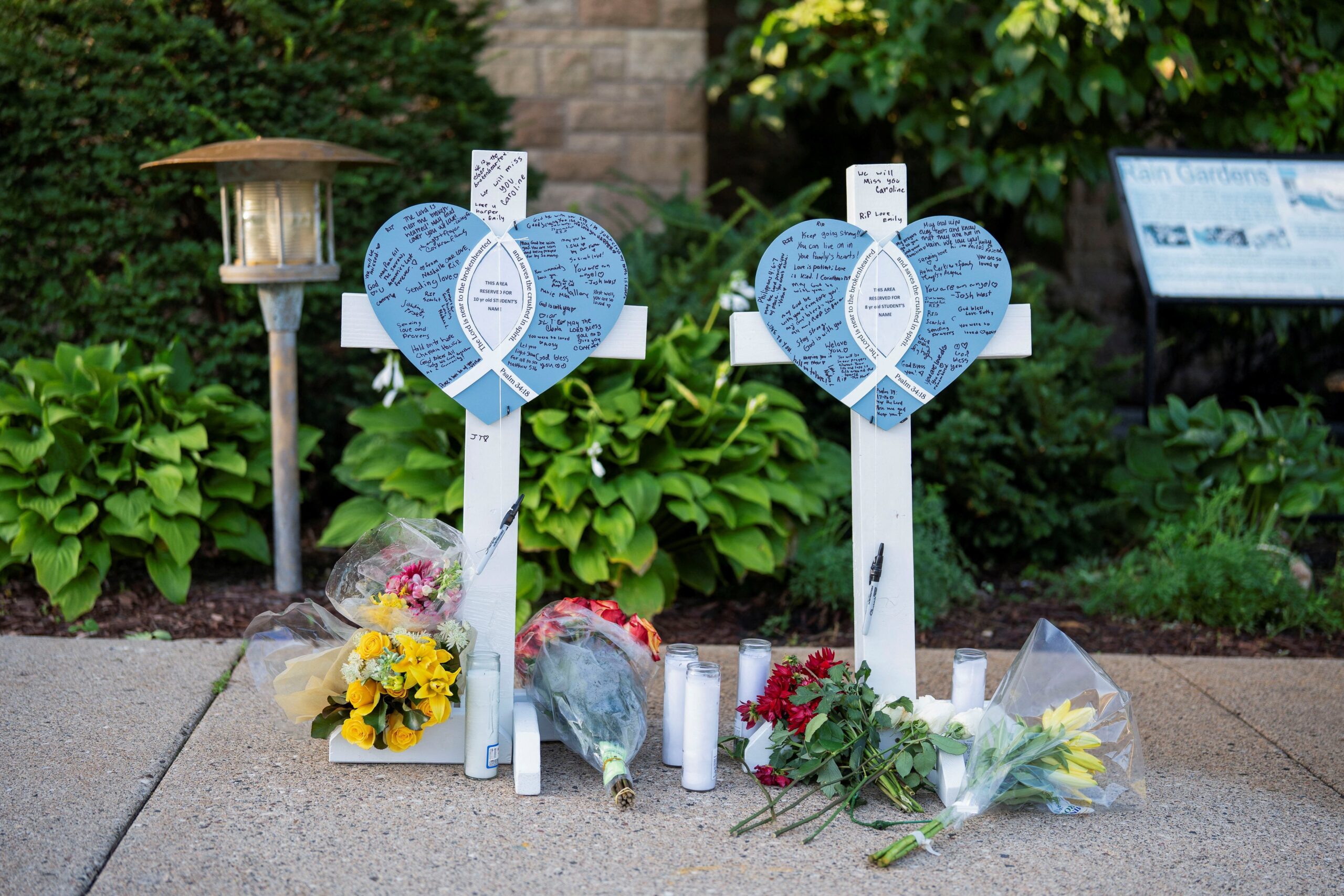 A memorial honoring shooting victims sits outside the Annunciation Church, which is a home to an elementary school and was the scene of a shooting the day before, in Minneapolis, Minn., August 28, 2025.  (OSV News photo/Tim Evans, Reuters)