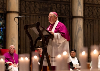 Archbishop Bernard A. Hebda speaks during an interfaith prayer service for the Annunciation Catholic community, following a shooting at Annunciation Catholic Church on Wednesday, at the Basilica of St. Mary in Minneapolis, Minn., August 28, 2025. (OSV News photo/Tim Evans, Reuters)