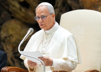 Pope Leo XIV talks to visitors during his weekly general audience in the Paul VI Audience Hall at the Vatican Aug. 20, 2025. (CNS photo/Lola Gomez)