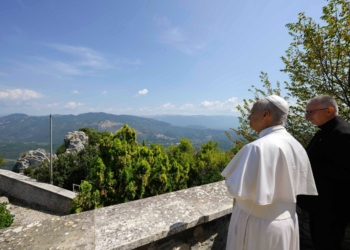 Pope Leo XIV looks out over the Prenestine Mountains from the Shrine of Our Lady of Grace in Mentorella, Italy, Aug. 19, 2025. (CNS photo/Vatican Media)