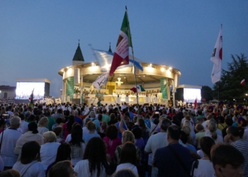 Young people and others gather for prayer behind the Church of St. James in Medjugorje, Bosnia-Herzegovina, in this file photo from the 2024 international youth festival known as Mladifest. Pope Leo XIV sent a message to this year's festival, which is being held Aug. 4-8, 2025. (CNS photo/Courtesy Mladifest)