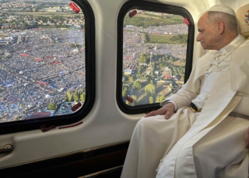 Pope Leo XIV arrives in a helicopter to Tor Vergata in Rome Aug. 2, 2025, to preside over the vigil with thousands of young people gathered for the Jubilee of Youth. (CNS photo/Vatican Media)

at the vigil with Pope Leo XIV at Tor Vergata in Rome Aug. 2, 2025. The vigil was part of the Jubilee of Youth celebrations. (CNS photo/Vatican Media)