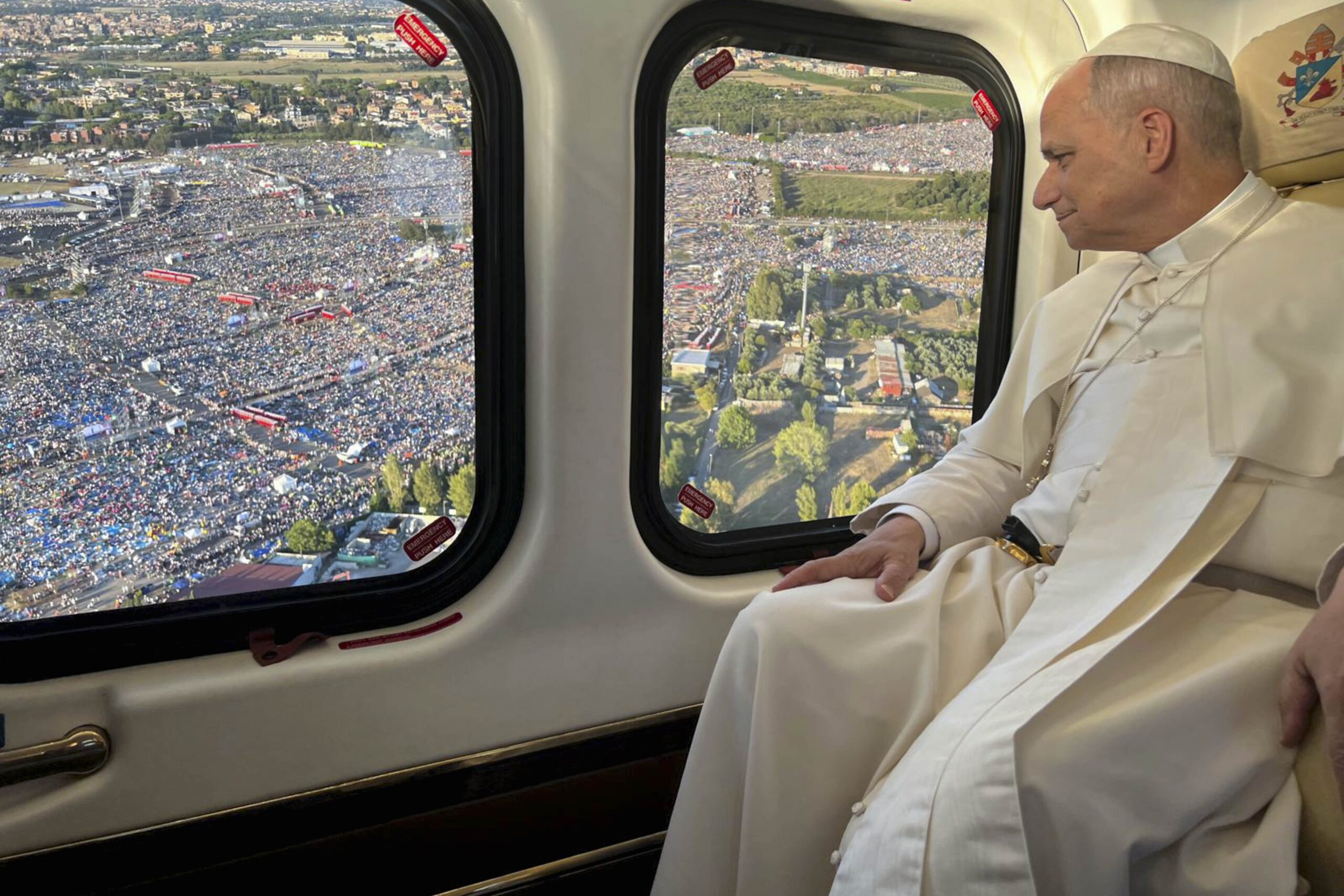 Pope Leo XIV arrives in a helicopter to Tor Vergata in Rome Aug. 2, 2025, to preside over the vigil with thousands of young people gathered for the Jubilee of Youth. (CNS photo/Vatican Media)

at the vigil with Pope Leo XIV at Tor Vergata in Rome Aug. 2, 2025. The vigil was part of the Jubilee of Youth celebrations. (CNS photo/Vatican Media)