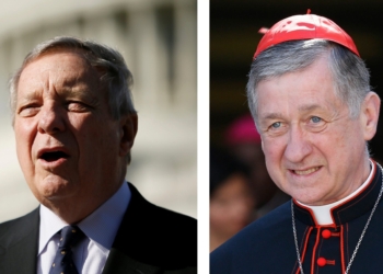 A combination photo shows U.S. Sen. Dick Durbin, D-Ill., speaks about Trump administration policies towards immigrants at a news conference outside the U.S. Capitol in Washington April 10, 2019, and Cardinal Blase J. Cupich of Chicago in a 2018 photo at the Vatican. The Archdiocese of Chicago is scheduled to present Sen. Durbin a "Lifetime Achievement Award" Nov. 3, 2025, for his work with immigrants; the decision has been criticized by some Catholic bishops because of the Catholic senator's public position on abortion. (OSV News photo/Jim Bourg, Reuters/CNS photo/Paul Haring)