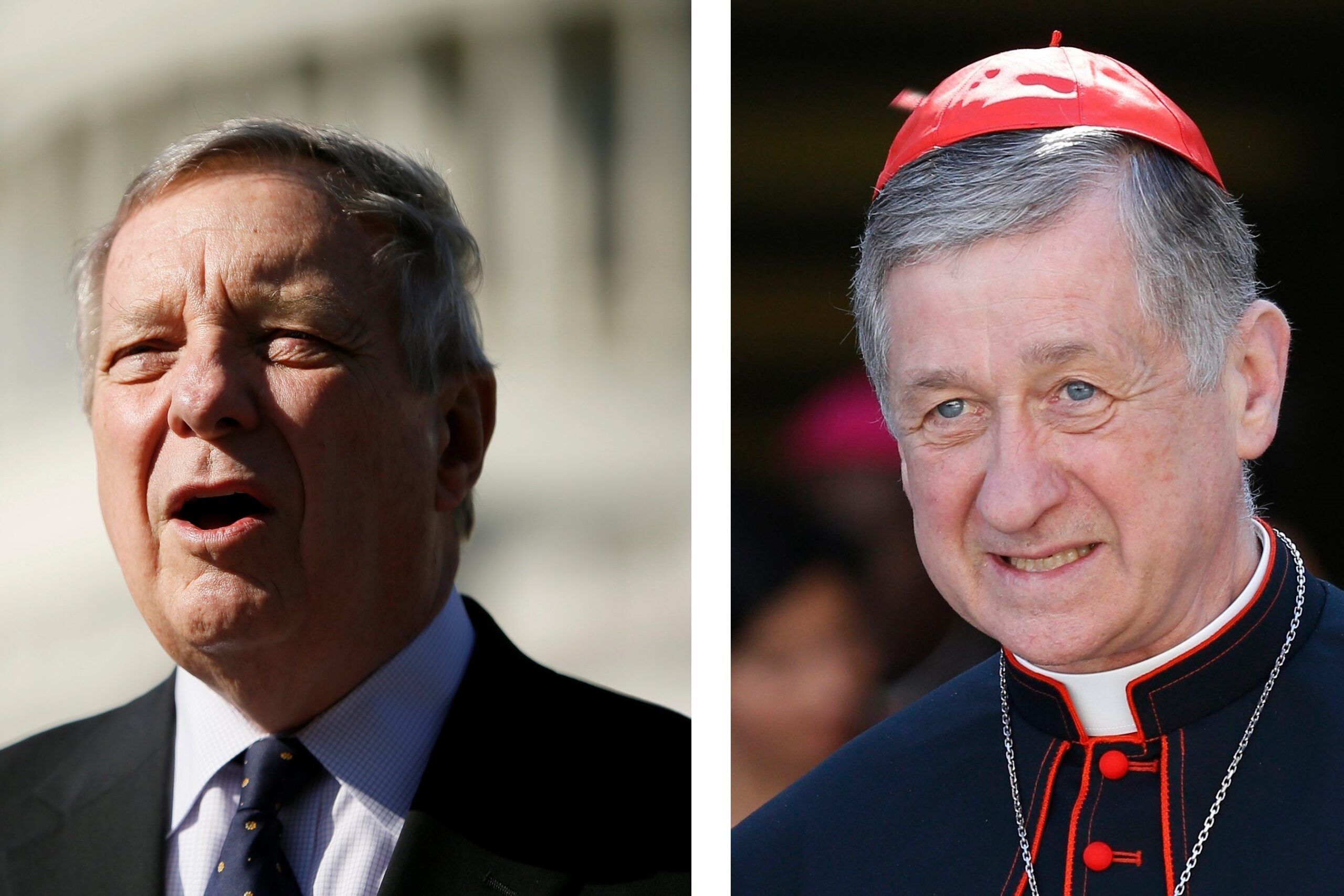 A combination photo shows U.S. Sen. Dick Durbin, D-Ill., speaks about Trump administration policies towards immigrants at a news conference outside the U.S. Capitol in Washington April 10, 2019, and Cardinal Blase J. Cupich of Chicago in a 2018 photo at the Vatican. The Archdiocese of Chicago is scheduled to present Sen. Durbin a "Lifetime Achievement Award" Nov. 3, 2025, for his work with immigrants; the decision has been criticized by some Catholic bishops because of the Catholic senator's public position on abortion. (OSV News photo/Jim Bourg, Reuters/CNS photo/Paul Haring)