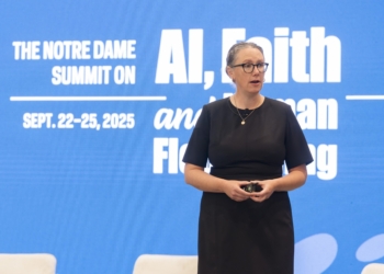 Meghan Sullivan, a philosophy professor and director of the Institute for Ethics and the Common Good and the Ethics Initiative at the University of Notre Dame, gives the keynote address Sept. 23, 2025, at a Notre Dame summit on artificial intelligence. (OSV News photo/Evan Cobb, University of Notre Dame)