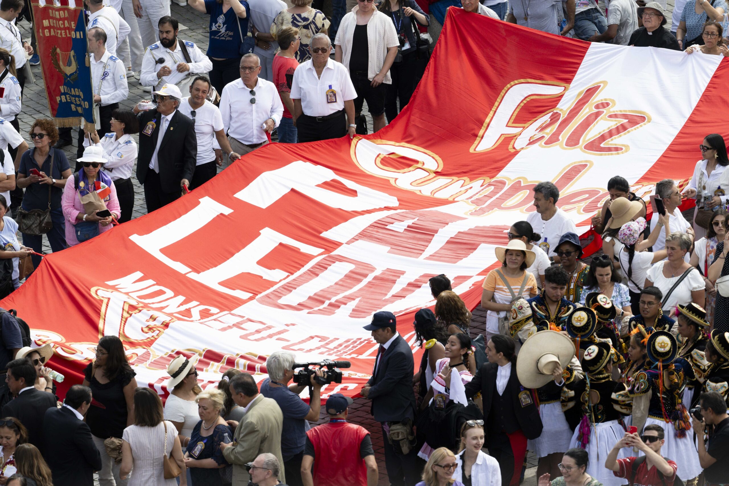 A group of people from the Peruvian city of Monsefú in the province of Chiclayo, where the pope had served as bishop for eight years, holds a sign wishing Pope Leo XIV a happy birthday as they join the pope for the recitation of the Angelus prayer in St. Peter's Square at the Vatican Sept. 14, 2025. (CNS photo/Vatican Media)