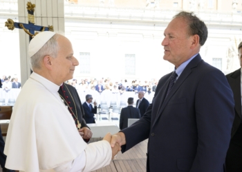 Pope Leo XIV greets U.S. Supreme Court Justice Samuel A. Alito Jr. at the end of an audience in St. Peter's Square Sept. 20, 2025, as part of the Jubilee of Justice. (CNS photo/Vatican Media)