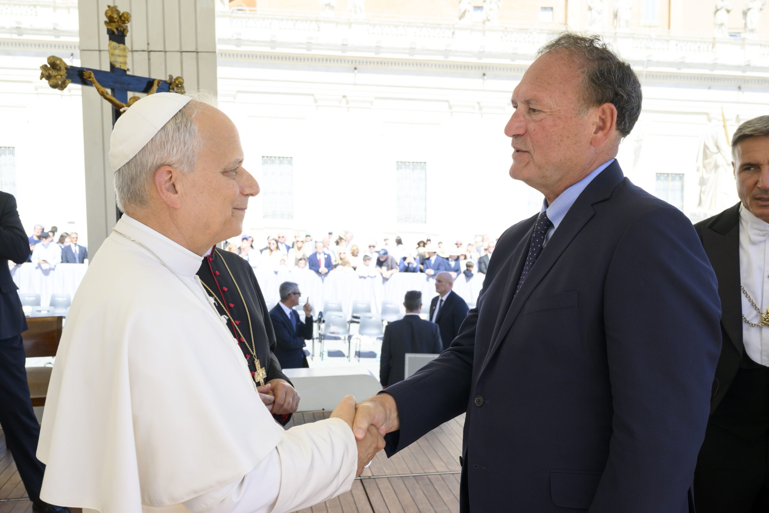 Pope Leo XIV greets U.S. Supreme Court Justice Samuel A. Alito Jr. at the end of an audience in St. Peter's Square Sept. 20, 2025, as part of the Jubilee of Justice. (CNS photo/Vatican Media)