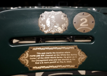 An undated photo shows a plaque dedicated to Pope Leo XVI inside Rate Field, home of the Chicago White Sox baseball team. Since Aug. 22, 2025, baseball fans have been able to easily spot the stadium chair where Pope Leo, then-Augustinian Father Robert Francis Prevost, sat when he watched the first game of the 2005 World Series. (OSV News photo/courtesy of the Chicago White Sox)