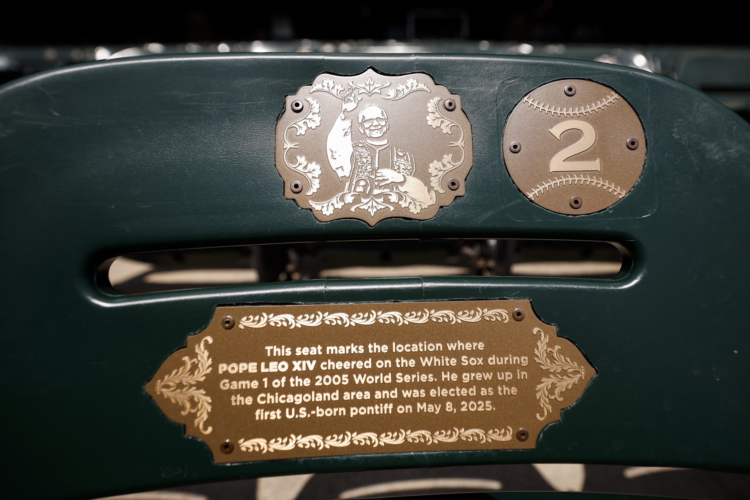 An undated photo shows a plaque dedicated to Pope Leo XVI inside Rate Field, home of the Chicago White Sox baseball team. Since Aug. 22, 2025, baseball fans have been able to easily spot the stadium chair where Pope Leo, then-Augustinian Father Robert Francis Prevost, sat when he watched the first game of the 2005 World Series. (OSV News photo/courtesy of the Chicago White Sox)