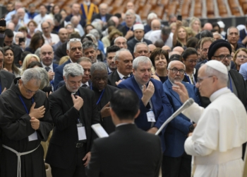 Pope Leo XIV greets scholars taking part in a conference on Mariology, organized by the Pontifical International Marian Academy, during an audience in the Paul VI Audience Hall at the Vatican Sept. 6, 2025. (CNS photo/Vatican Media)
