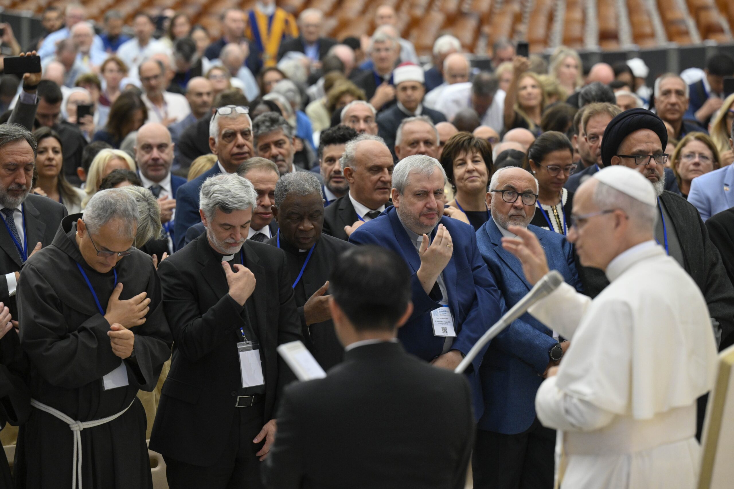 Pope Leo XIV greets scholars taking part in a conference on Mariology, organized by the Pontifical International Marian Academy, during an audience in the Paul VI Audience Hall at the Vatican Sept. 6, 2025. (CNS photo/Vatican Media)