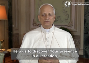 Pope Leo XIV, recording a video in the Villa Barberini at Castel Gandolfo, Italy, recites a prayer asking God to help people discover his presence in creation. The video was released Sept. 2, 2025, by the Pope's Worldwide Prayer Network. (CNS photo/screen grab, Pope's Worldwide Prayer Network)