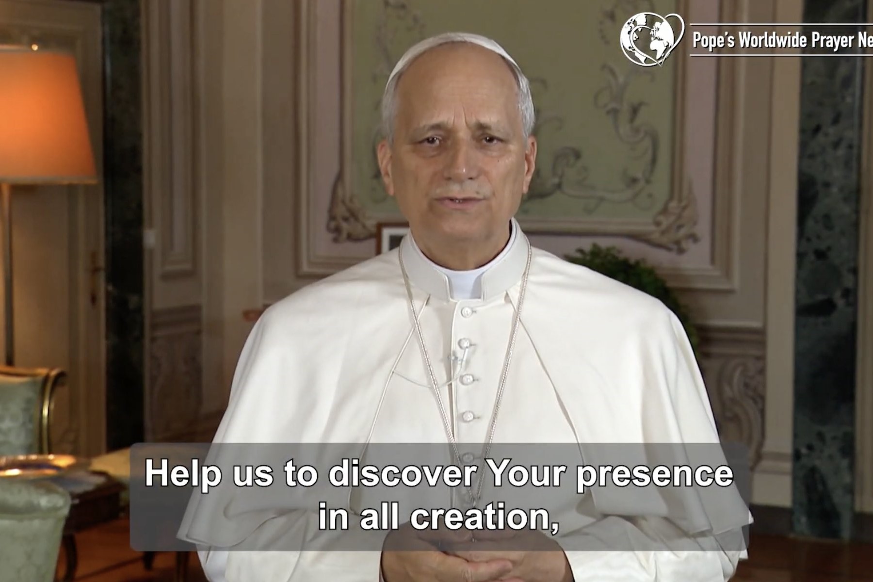 Pope Leo XIV, recording a video in the Villa Barberini at Castel Gandolfo, Italy, recites a prayer asking God to help people discover his presence in creation. The video was released Sept. 2, 2025, by the Pope's Worldwide Prayer Network. (CNS photo/screen grab, Pope's Worldwide Prayer Network)