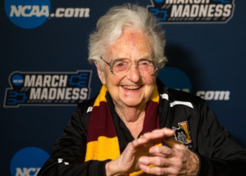 Sister Jean Dolores Schmidt, 98, longtime chaplain of the Loyola University Chicago men's basketball team and campus icon, smiles after the team won in the first round game of the NCAA Tournament against the University of Miami 2018 at the American Airlines Center in Dallas. On Aug. 21, 2025, Sister Jean celebrated her 106th birthday. (OSV News photo/courtesy Loyola University Chicago)