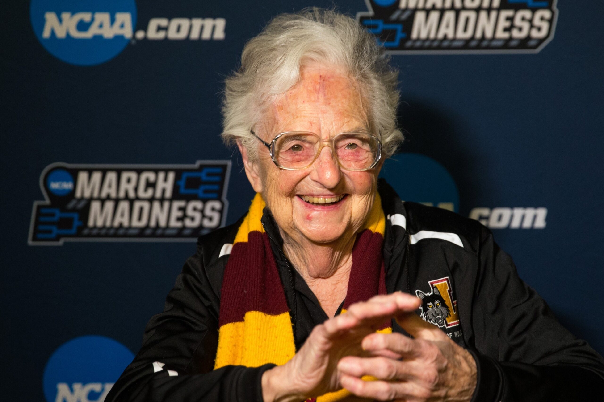 Sister Jean Dolores Schmidt, 98, longtime chaplain of the Loyola University Chicago men's basketball team and campus icon, smiles after the team won in the first round game of the NCAA Tournament against the University of Miami 2018 at the American Airlines Center in Dallas. On Aug. 21, 2025, Sister Jean celebrated her 106th birthday. (OSV News photo/courtesy Loyola University Chicago)