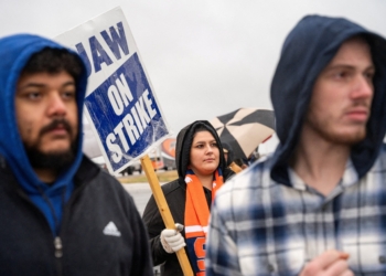 United Auto Worker members picket General Motors outside the engine plant in Spring Hill, Tenn., Oct. 30, 2023.  (OSV News photo/Seth Herald, Reuters)
