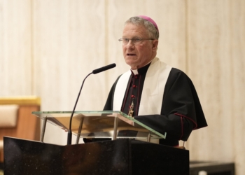 Archbishop Timothy P. Broglio of the U.S. Archdiocese for the Military Services, president of the U.S. Conference of Catholic Bishops, delivers his reflection during the annual prayer service for United Nations diplomats at Holy Family Church in New York City Sept. 8, 2025. The event, hosted by the Vatican's permanent observer mission to the U.N., took place on the eve of the opening of the 80th session of the U.N. General Assembly. (OSV News photo/Gregory A. Shemitz)