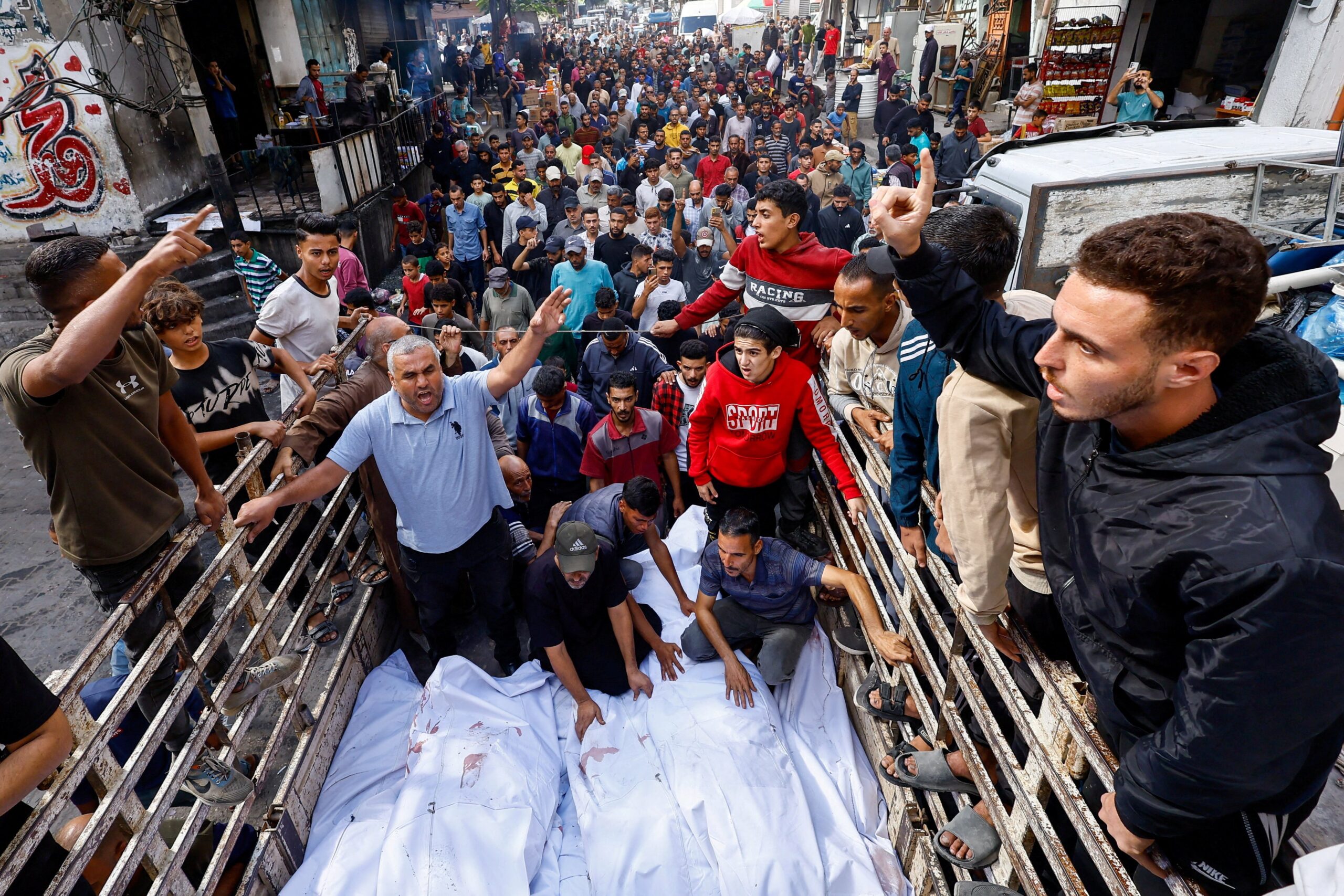 Mourners gather for the funeral of members of the Abu Dalal family in Nuseirat, central Gaza Strip, Oct. 29, 2025, who were killed in an overnight Israeli strike on their home, according to medics. (OSV News photo/Mahmoud Issa, Reuters)
