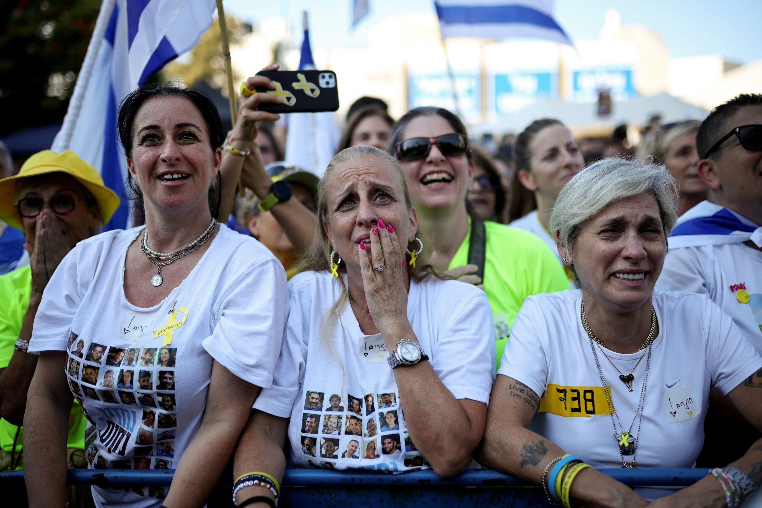Women react as people gather at "Hostages Square" in Tel Aviv, Israel, Oct. 3, 2025, on the day Hamas releases hostages, who have been held in Gaza since the deadly Oct. 7, 2023, attack by Hamas, as part of a prisoner-hostage swap and a ceasefire deal between Israel and Hamas. (OSV News photo/Shir Torem, Reuters)