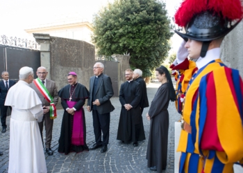 Pope Leo XIV is welcomed by local officials, clergy and members of the Swiss Guard as he arrives at Villa Barberini in Castel Gandolfo, Italy, in this file photo from July 6, 2025. The pope has been spending Tuesdays at the villa and usually speaks to reporters before returning to the Vatican. (CNS photo/Vatican Media)