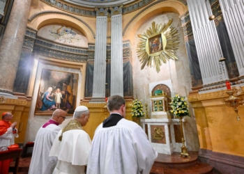Pope Leo XIV pauses in prayer before the Blessed Sacrament at the Domus Australia in Rome Oct. 6, 2025, before celebrating Vespers on the eve of the feast of the Blessed Virgin Mary of the Rosary. (CNS photo/Vatican Media)