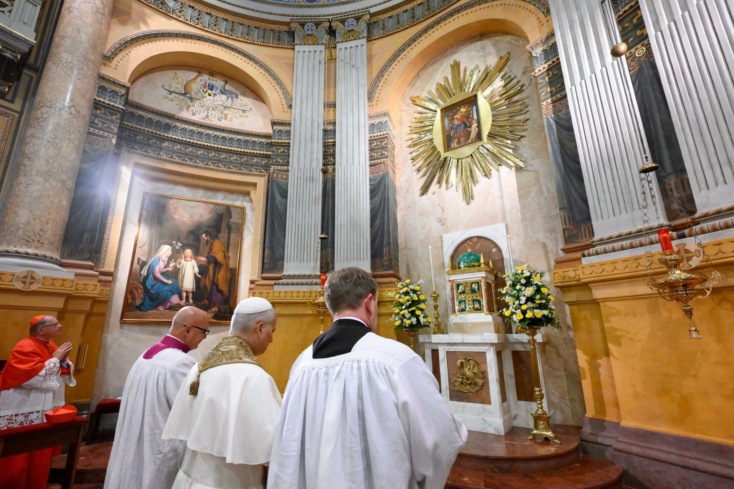 Pope Leo XIV pauses in prayer before the Blessed Sacrament at the Domus Australia in Rome Oct. 6, 2025, before celebrating Vespers on the eve of the feast of the Blessed Virgin Mary of the Rosary. (CNS photo/Vatican Media)