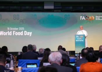 Pope Leo XIV addresses government leaders and representatives during a ceremony marking the 80th anniversary of the U.N. Food and Agriculture Organization in Rome Oct. 16, 2025. (CNS photo/Lola Gomez)