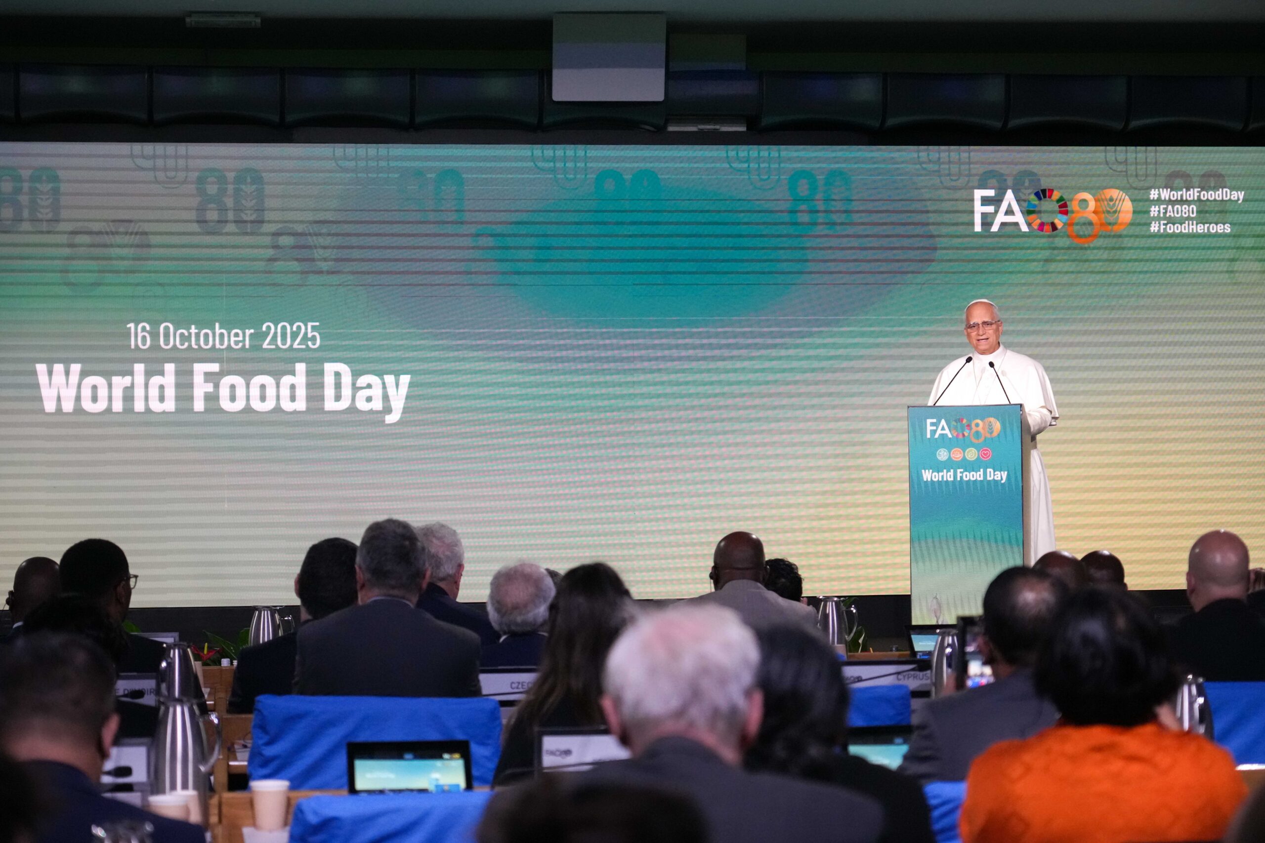 Pope Leo XIV addresses government leaders and representatives during a ceremony marking the 80th anniversary of the U.N. Food and Agriculture Organization in Rome Oct. 16, 2025. (CNS photo/Lola Gomez)