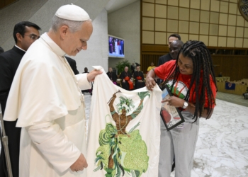 Pope Leo XIV speaks at a gathering of popular movements as part of their Jubilee in the Paul VI Audience Hall at the Vatican Oct. 23, 2025. (CNS photo/Vatican Media)