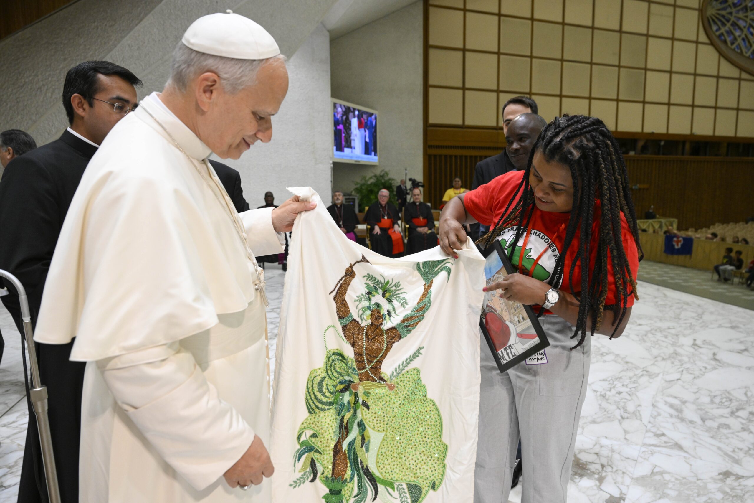 Pope Leo XIV speaks at a gathering of popular movements as part of their Jubilee in the Paul VI Audience Hall at the Vatican Oct. 23, 2025. (CNS photo/Vatican Media)
