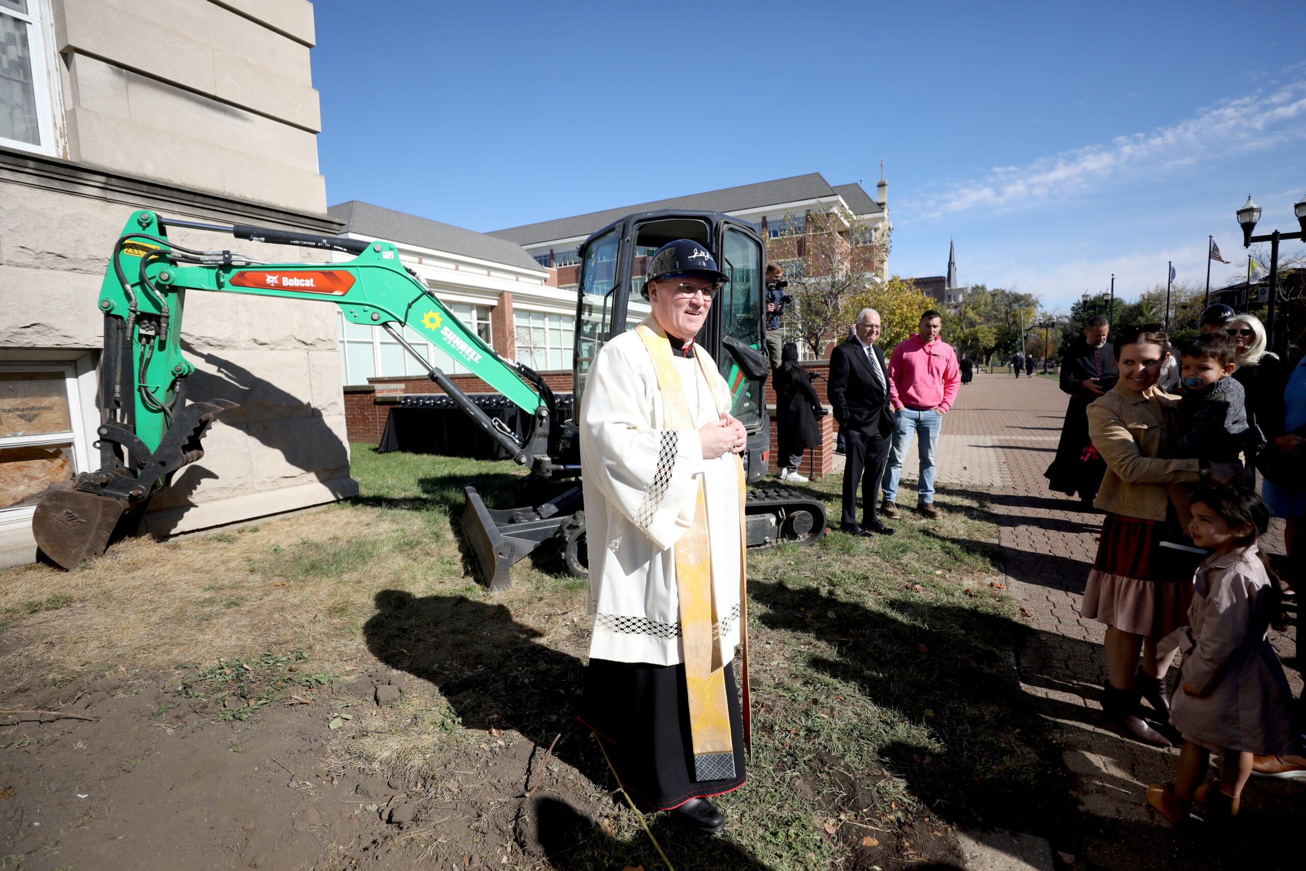 Bishop Louis Tylka of Peoria, Ill., leads a groundbreaking ceremony outside the Spalding Institute to convert Ven. Fulton J. Sheen’s alma mater into a cultural center. (OSV News photo/courtesy of Nellie Photography)