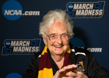 Sister Jean Dolores Schmidt, longtime chaplain of the Loyola University Chicago men's basketball team and campus icon, smiles after the team won in the first round game of the NCAA Tournament against the University of Miami 2018 at the American Airlines Center in DallasSister Jean died at age 106 Oct. 9, 2025. (OSV News photo/courtesy Loyola University Chicago)